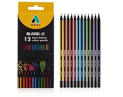 Adel Blackline Karton Kutu Kuru Boya Kalemi 12 Renk Tam Boy - Adel