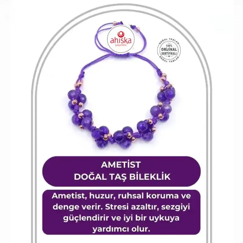 Ametist Doğal Taş Fasetli Kesim Ayarlanabilir Bileklik - 1
