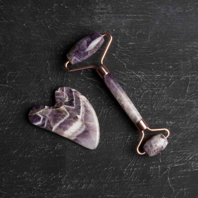 Ametist Taşı Masaj Takımı - Roller ve Gua Sha Kaz Ayaklı Set - Doğal Taş
