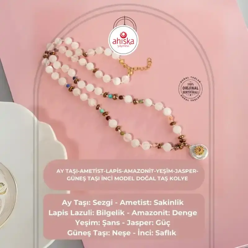 Ay Taşı-Ametist-Lapis-Amazonit-Yeşim-Jasper-Güneş Taşı İnci Model Doğal Taş Kolye - 2