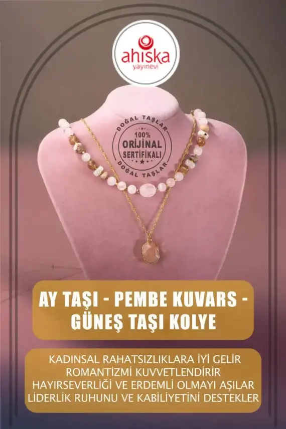 Ay Taşı-Pembe Kuvars-Güneş Taşı Doğal Taş Kolye - 1