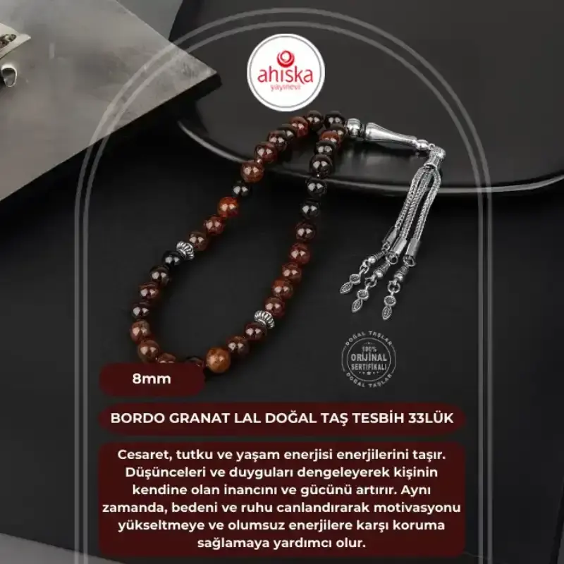 Bordo Granat Lal Doğal Taş Tesbih 33lük - 8mm - 2