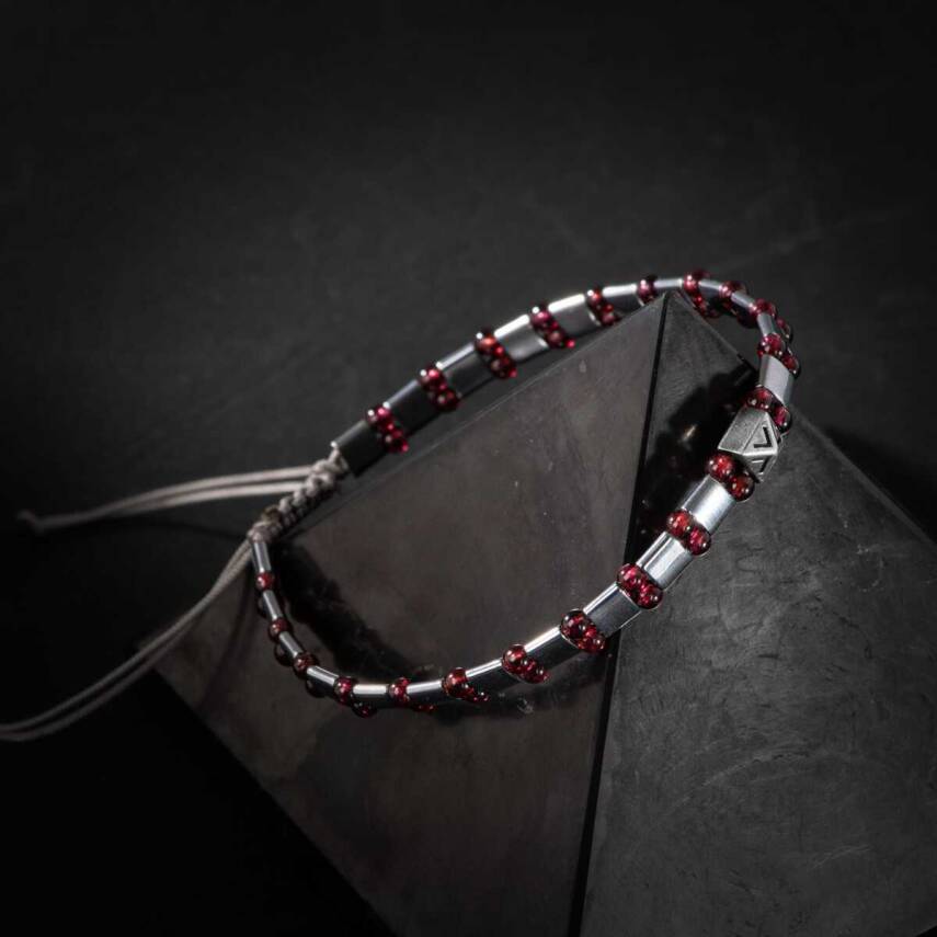 Bordo Granat Lal-Hematit Doğal Taş Erkek Makrome Bileklik - 4