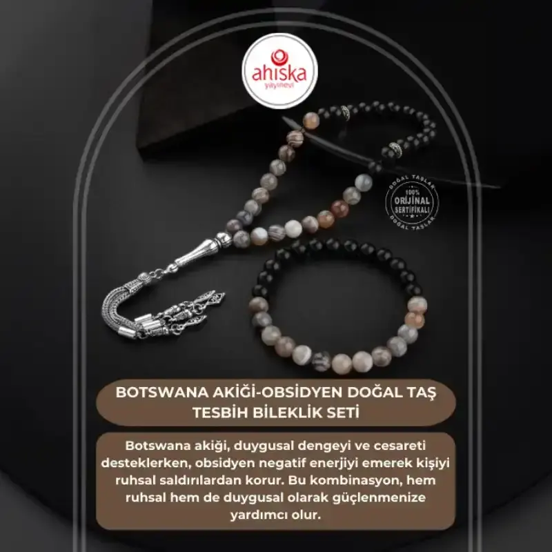 Botswana Akiği-Obsidyen Doğal Taş Tesbih Bileklik Seti - 2