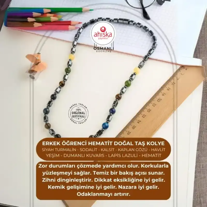 Erkek Öğrenci Hematit Doğal Taş Kolye - 1