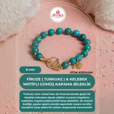 Firuze ( Turkuaz ) & Kelebek Motifli Gümüş Kapama Bileklik SK041 - Doğal Taş (1)
