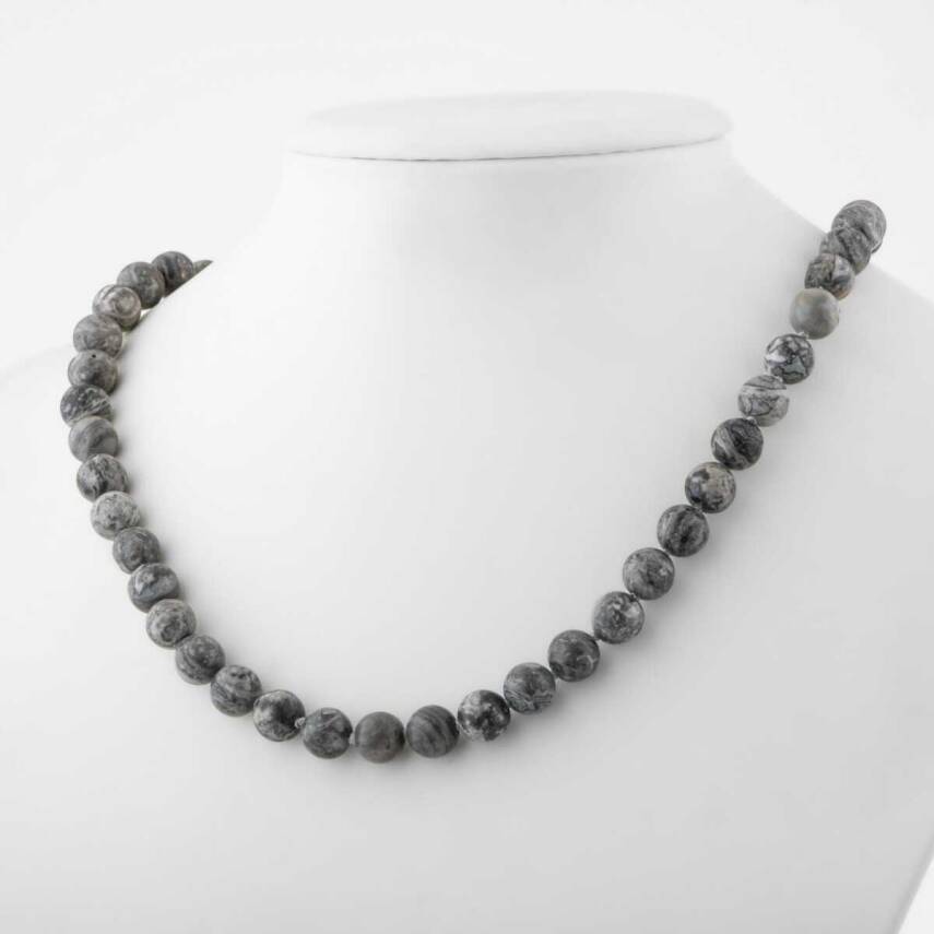Gri Jasper 8 mm Düğümlü Doğal Taş Kolye - 2