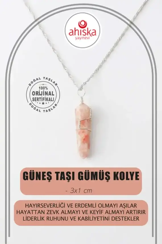 Güneş Taşı Doğal Taş Kolye Ucu 3x1 cm, Gümüş Zincir - 2