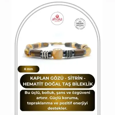 Hakiki Doğal Özel Kesim Kaplan Gözü - 8mm Sitrin - Hematit Doğal Taş İpli Ayarlanabilir Bileklik - Doğal Taş (1)