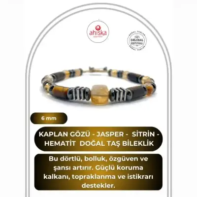 Hakiki Orijinal Sertifikalı Kaplan Gözü - Jasper - 6mm Sitrin - Hematit İpli Ayarlanabilir Doğal Taş Bileklik - Doğal Taş (1)