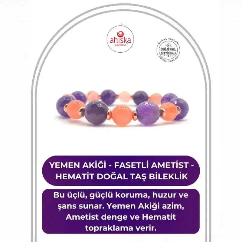 Hakiki Orijinal Sertifikalı Yemen Akiği - Fasetli Ametist - Hematit Doğal Taş Misinalı Bileklik - 2