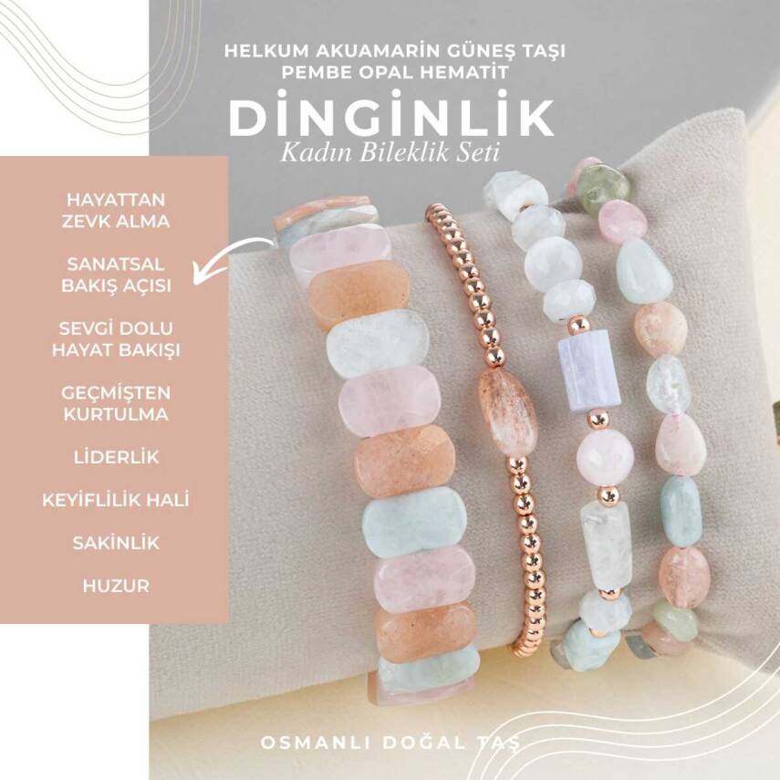 Helkum-Akuamarin-Güneş Taşı-Pembe Opal Doğal Taş Kadın Bileklik Seti - 1
