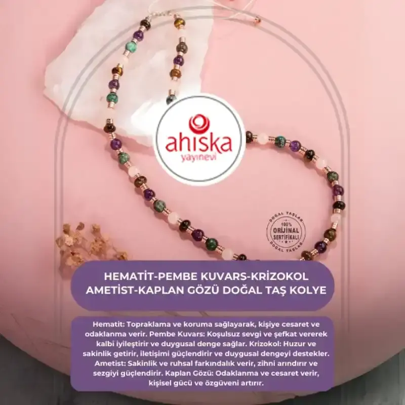 Hematit-Pembe Kuvars-Krizokol-Ametist-Kaplan Gözü Doğal Taş Kolye - 2