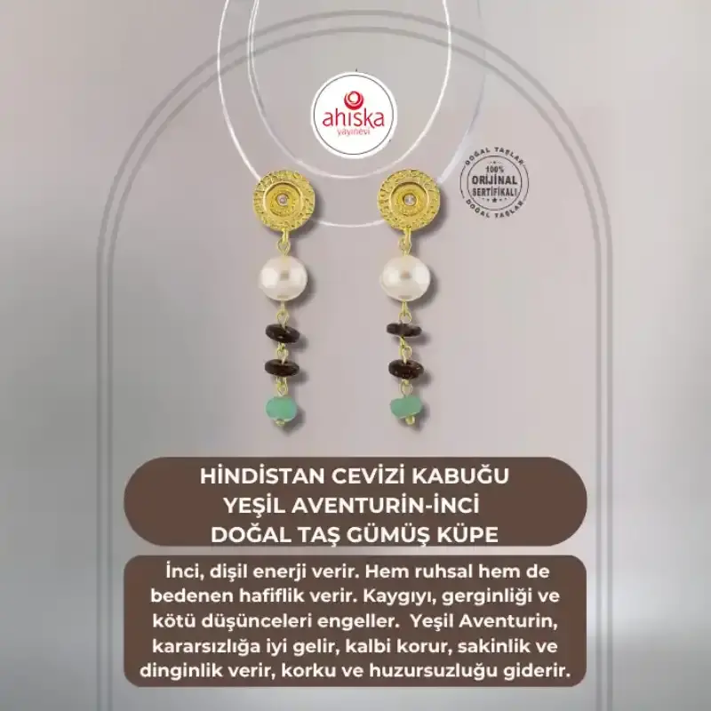 Hindistan Cevizi Kabuğu-Yeşil Aventurin-İnci Doğal Taş Gümüş Küpe - 1