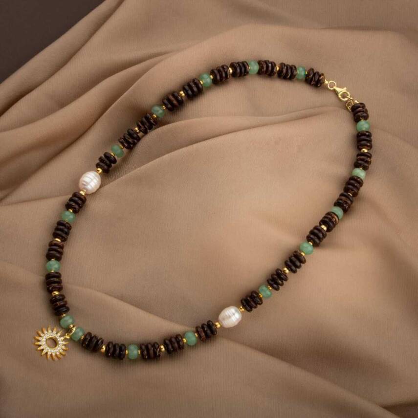 Hindistan Cevizi Kabuğu-Yeşil Aventurin-İnci Doğal Taş Gümüş Tasarım Kolye - 54cm - 2