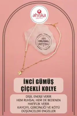 İnci Doğal Taş Gümüş Çiçekli Kolye - 1
