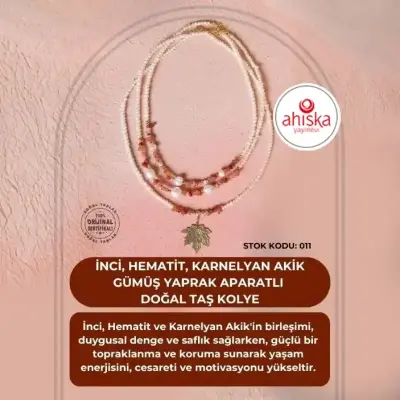 İnci, Hematit, Karnelyan Akik Gümüş Yaprak Aparatlı Doğal Taş Kolye (SK011) - Doğal Taş (1)