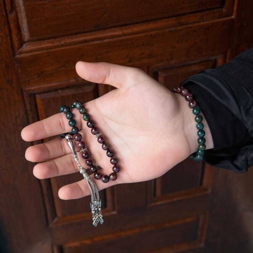 Kan Taşı-Bordo Granat Lal Doğal Taş Tesbih Bileklik Seti - 1
