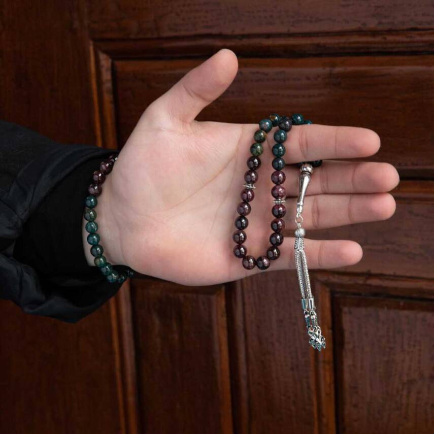 Kan Taşı-Bordo Granat Lal Doğal Taş Tesbih Bileklik Seti - 3