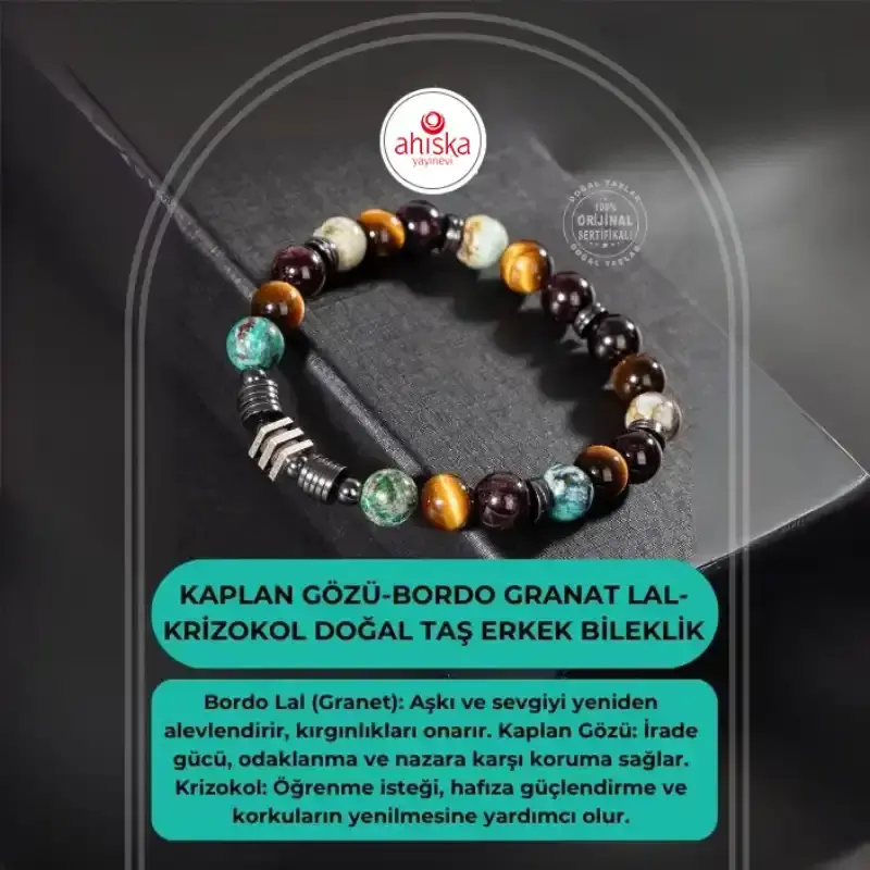 Kaplan Gözü-Bordo Granat Lal-Krizokol Doğal Taş Erkek Bileklik - 2