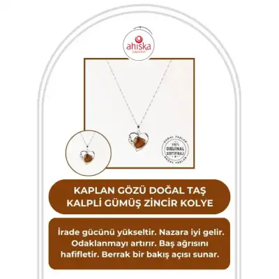 Kaplan Gözü Doğal Taş Kalpli Kolye, Gümüş Zincir - Doğal Taş (1)