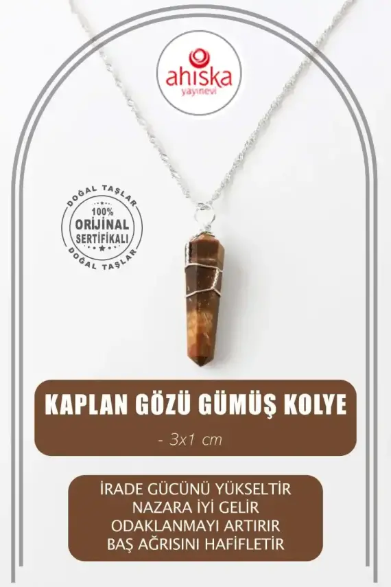 Kaplan Gözü Doğal Taş Kolye Ucu 3x1 cm, Gümüş Zincir - 2