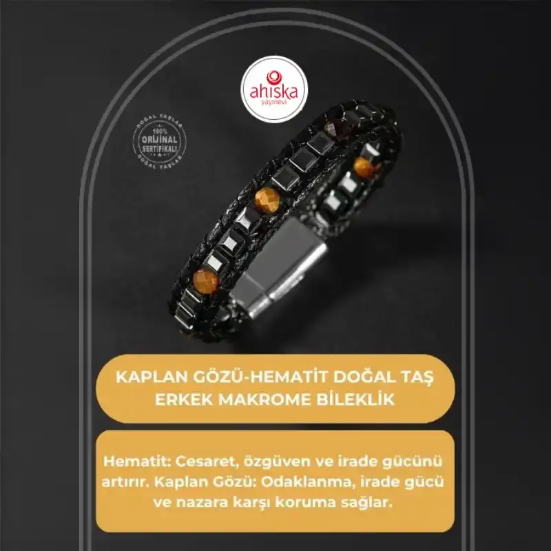 Kaplan Gözü-Hematit Doğal Taş Erkek Makrome Bileklik - 2