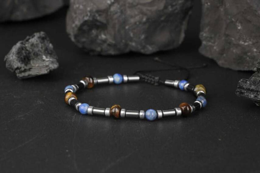 Kaplan Gözü-Hematit-Lapis Lazuli Doğal Taş Bileklik - 5