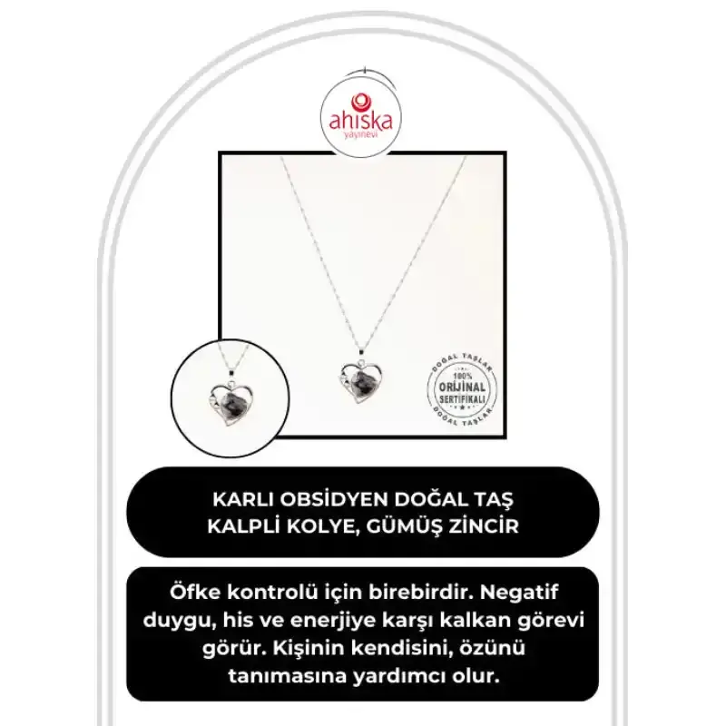 Karlı Obsidyen Doğal Taş Kalpli Kolye, Gümüş Zincir - 2