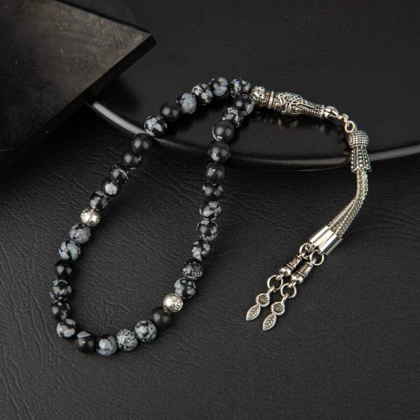 Karlı Obsidyen Doğal Taş Tesbih 33lük - 6mm - 1