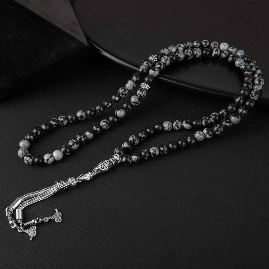 Karlı Obsidyen Doğal Taş Tesbih 99luk - 6mm - 1