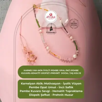 Karnelyan Akik-İyolit-Pembe Opal-İnci-Pembe Kuvars-Hematit-Diopsit-Prehnit Doğal Taş Kolye - Doğal Taş (1)
