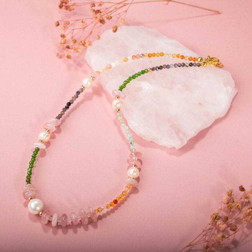 Karnelyan Akik-İyolit-Pembe Opal-İnci-Pembe Kuvars-Hematit-Diopsit-Prehnit Doğal Taş Kolye - 3