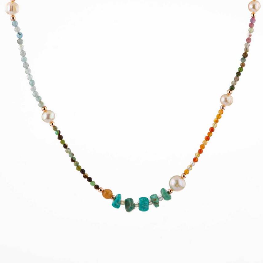 Karnelyan Akik-İyolit-Pembe Opal-İnci-Pembe Kuvars-Hematit-Diopsit-Prehnit Doğal Taş Kolye - 6