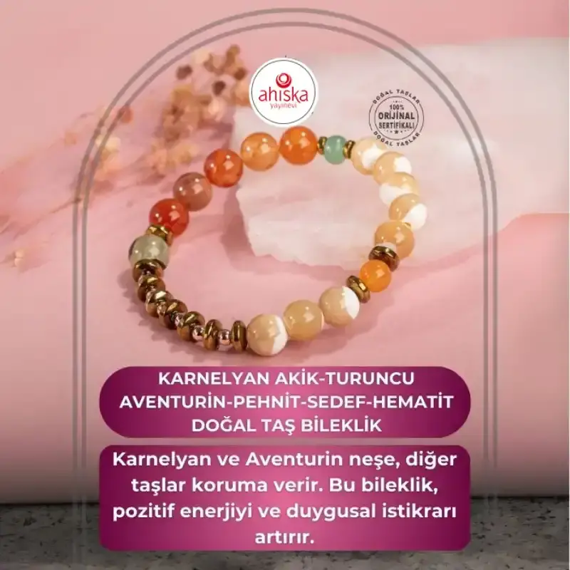 Karnelyan Akik-Turuncu Aventurin-Pehnit-Sedef-Hematit Doğal Taş Bileklik - 2