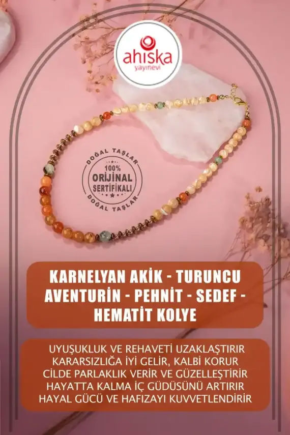 Karnelyan Akik-Turuncu Aventurin-Pehnit-Sedef-Hematit Doğal Taş Kolye - 1