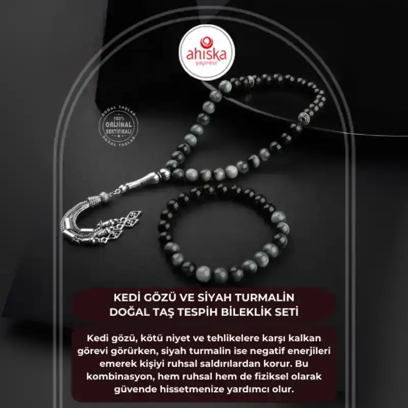 Kedi Gözü-Siyah Turmalin Doğal Taş Tesbih Bileklik Seti - 2