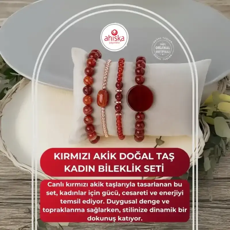 Kırmızı Akik Doğal Taş Kadın Bileklik Seti - 2