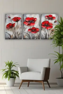 Kırmızı Çiçek Üçlü Mdf Tablo - 3