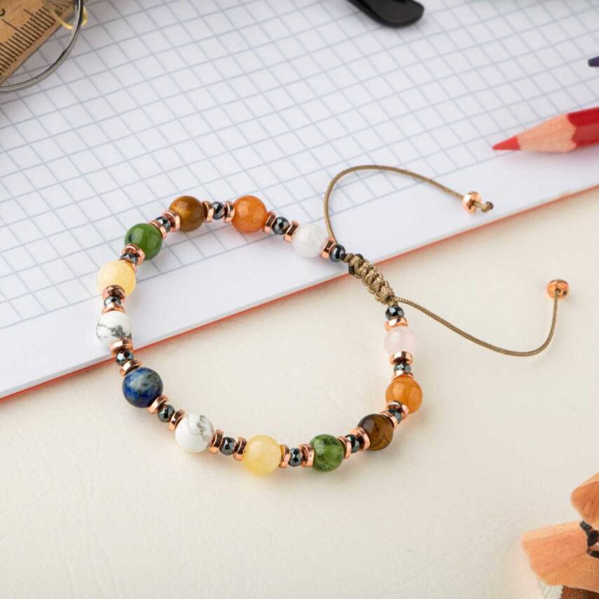 Kız Öğrenci Doğal Taş Bileklik-Lapis Lazuli-Havlit-Kalsit-Yeşim-Kaplan Gözü-Turuncu Aventurin-Pembe Kuvars - 3