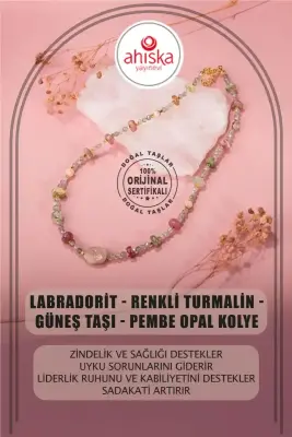 Labradorit-Renkli Turmalin-Güneş Taşı-Pembe Opal Doğal Taş Kolye - 1