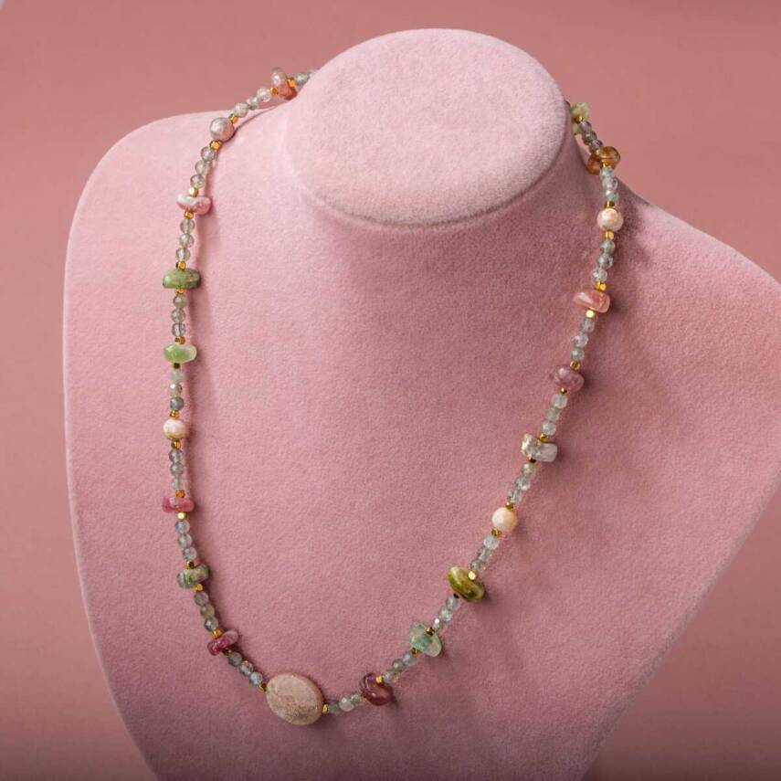 Labradorit-Renkli Turmalin-Güneş Taşı-Pembe Opal Doğal Taş Kolye - 2