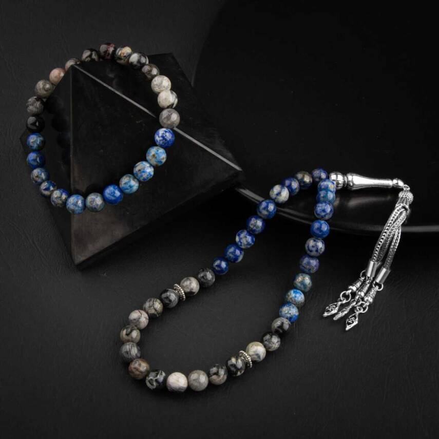 Lapis Lazuli-Jasper Doğal Taş Tesbih Bileklik Seti - 3