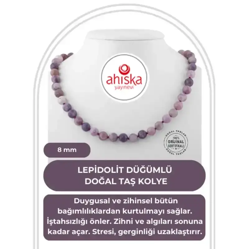Lepidolit 8 mm Düğümlü Doğal Taş Kolye - 2