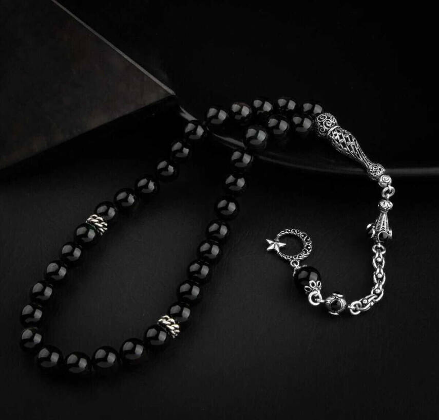 Obsidyen Doğal Taş 8mm Gümüş İmameli Tesbih - 1