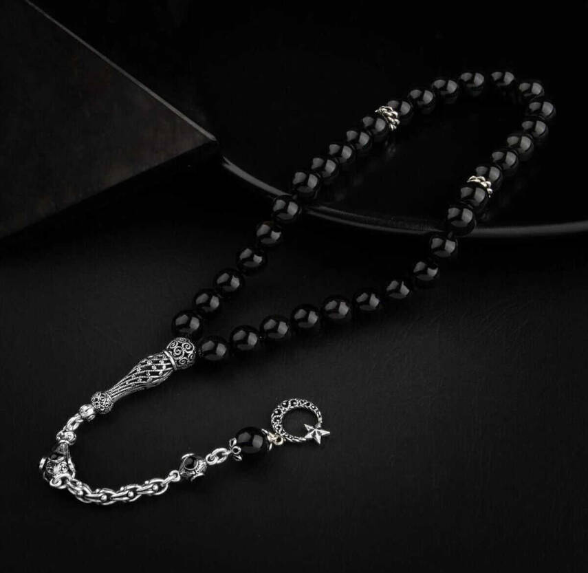 Obsidyen Doğal Taş 8mm Gümüş İmameli Tesbih - 3