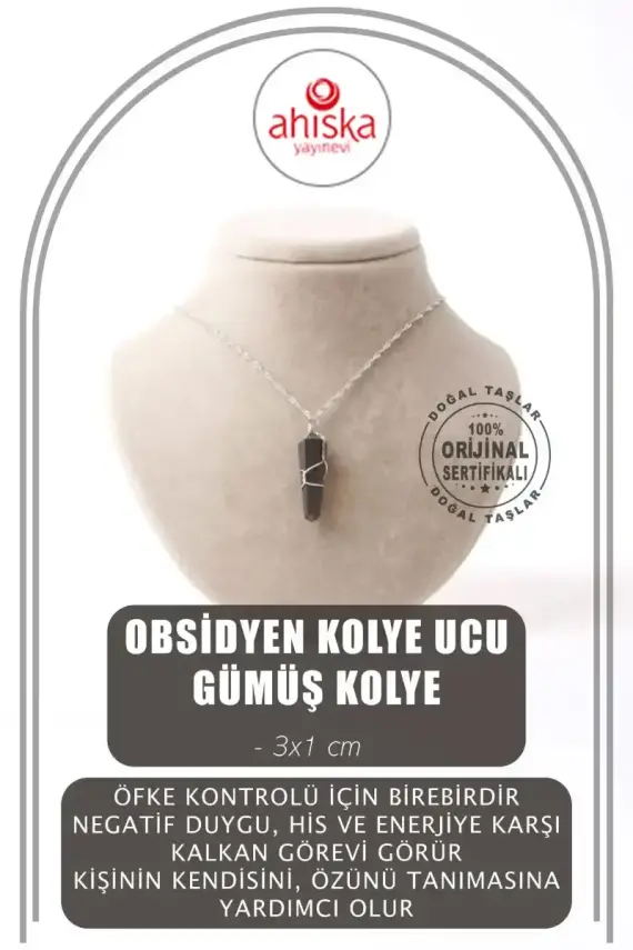 Obsidyen Doğal Taş Kolye Ucu 3x1 cm, Gümüş Zincir - 2