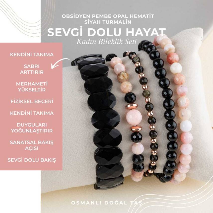 Obsidyen-Pembe Opal-Siyah Turmalin Doğal Taş Kadın Bileklik Seti - 1