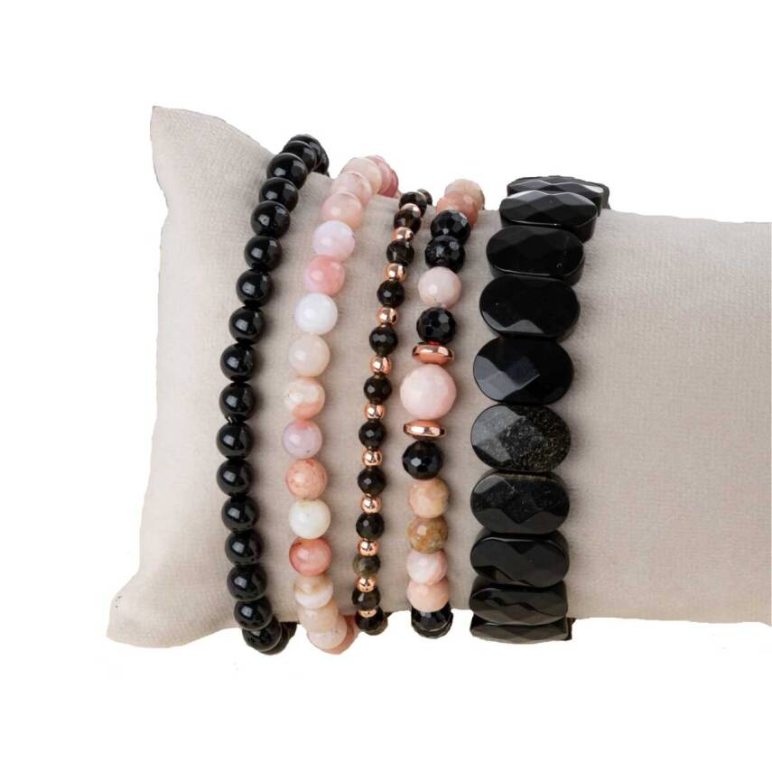 Obsidyen-Pembe Opal-Siyah Turmalin Doğal Taş Kadın Bileklik Seti - 2