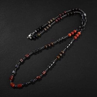 Obsidyen-Pirit-Dumanlı Kuvars-Jasper-Bronzit-Kaplan Gözü-Kırmızı Akik-Lal Taşı-Hematit Doğal Taş Erkek Tasarım Kolye - Doğal Taş